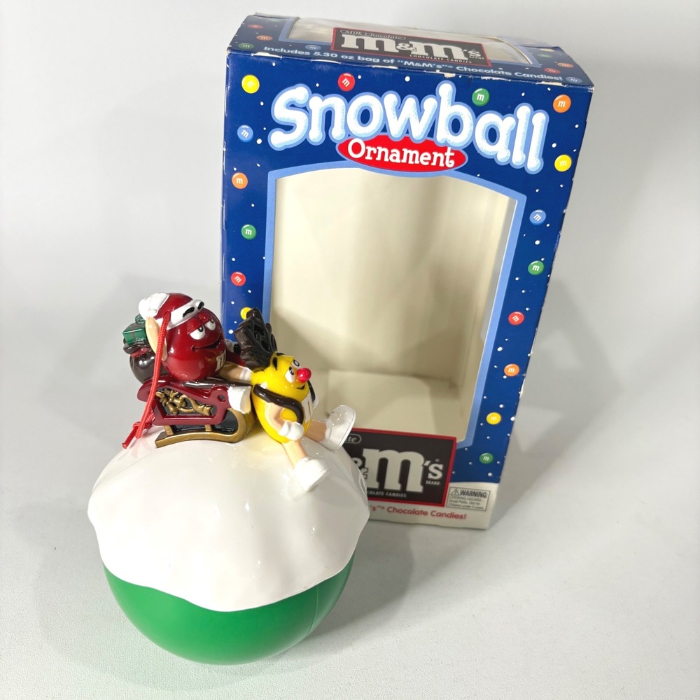 M&Ms Snowball Ornament Red Santa Yellow Reindeer Sleigh Christmas Collectible